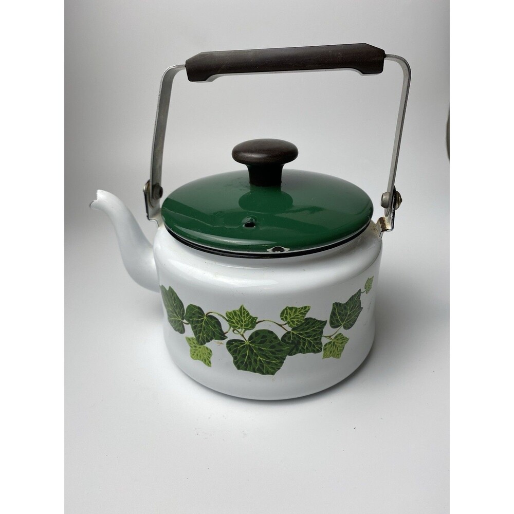 Vintage Porcelain Enamelware Ivy Pattern Tea Pot Kettle Cottage Kitchen Green